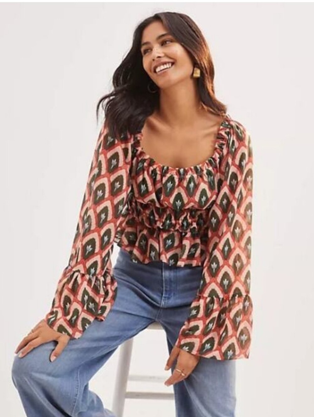 Hutch Size S Retro Boho Geometric Smocked Peplum Bell Sleeve Top